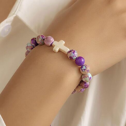 Easter Basket Stuffers for Women, Cross Charm Bracelet Easter Gifts for Womens Natural Stone Beaded Bracelet Christian Gifts for Women Inspirational Jewelry in Saudi Arabia