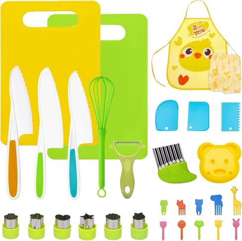 19 قطعة من مجموعات الطبخ للأطفال، أدوات مطبخ مونتيسوري للأطفال الصغار، مجموعة سكاكين آمنة للطهي الحقيقي، قواطع خضار مجعدة بحواف مسننة سكاكين بلاستيكية للأطفال الصغار، مجموعة ألعاب للأطفال الصغار للطهي الحقيقي in Kuwait