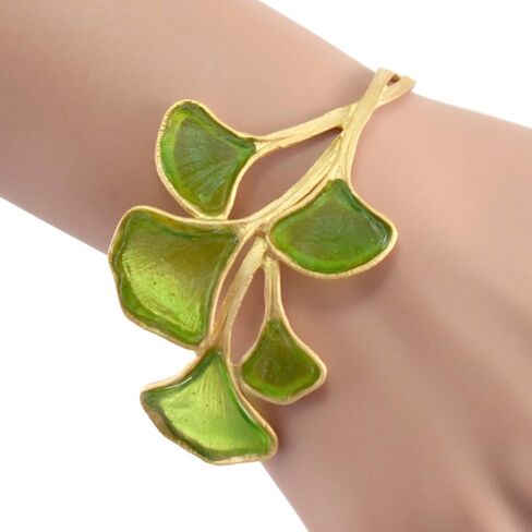 American Handmade Cast Artisan Glass and Gold Plate Ginkgo Leaf Cuff Bracelet in Saudi Arabia