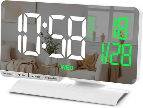 ساعة SZELAM الرقمية، ساعة منبه بجانب السرير، مرآة LED كبيرة مقاس 7.3 بوصة مع عرض التاريخ، ودرجة الحرارة، ومنبه مزدوج مع 3 أوضاع، وضبط Brightnee، DST، ومنفذ شحن USB C، و5 مستويات حجم للمراهقين في غرفة النوم المكتبية in Kuwait