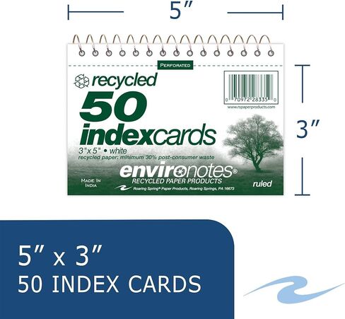 Roaring Spring Recycled 3"x5" Index Cards, Spiral Wire bound, 8-Pack, 50 Count, Heavy 100lb White Paper, Narrow Ruled, Perforated, Blank on Back, Snag-proof in Saudi Arabia