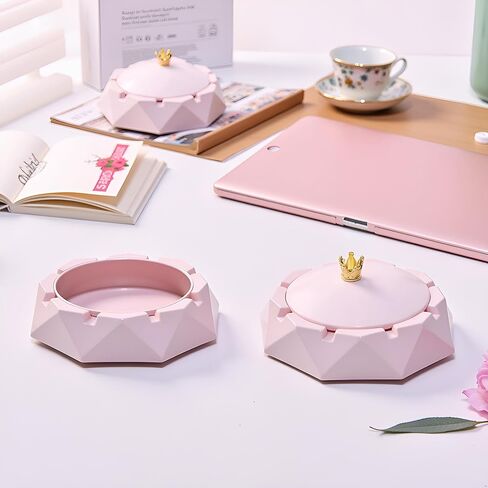 2Pcs Stainless Steel Ashtray with Lids, Windproof, Cigarettes Ashtray for Indoor or Outdoor Use, Ash Holder for Smokers, Desktop Smoking-Ash Tray for Home, Office Decoration, Pink in Saudi Arabia