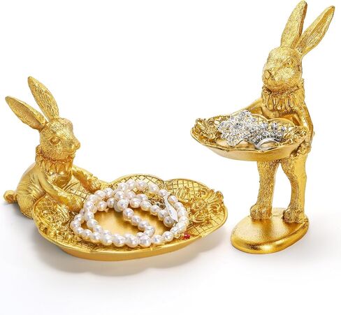 2 Pack Small Bunny Figurine, Cute Golden Bunny Ring Dish Jewelry Tray, Decorative Rabbit Trinket Holder Statue Ornament Easter Accessories for Home Decor, Seated Standing Bunnies in Saudi Arabia
