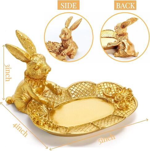 2 Pack Small Bunny Figurine, Cute Golden Bunny Ring Dish Jewelry Tray, Decorative Rabbit Trinket Holder Statue Ornament Easter Accessories for Home Decor, Seated Standing Bunnies in Saudi Arabia