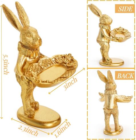 2 Pack Small Bunny Figurine, Cute Golden Bunny Ring Dish Jewelry Tray, Decorative Rabbit Trinket Holder Statue Ornament Easter Accessories for Home Decor, Seated Standing Bunnies in Saudi Arabia