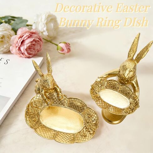 2 Pack Small Bunny Figurine, Cute Golden Bunny Ring Dish Jewelry Tray, Decorative Rabbit Trinket Holder Statue Ornament Easter Accessories for Home Decor, Seated Standing Bunnies in Saudi Arabia