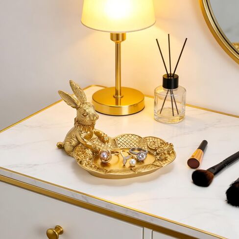 2 Pack Small Bunny Figurine, Cute Golden Bunny Ring Dish Jewelry Tray, Decorative Rabbit Trinket Holder Statue Ornament Easter Accessories for Home Decor, Seated Standing Bunnies in Saudi Arabia