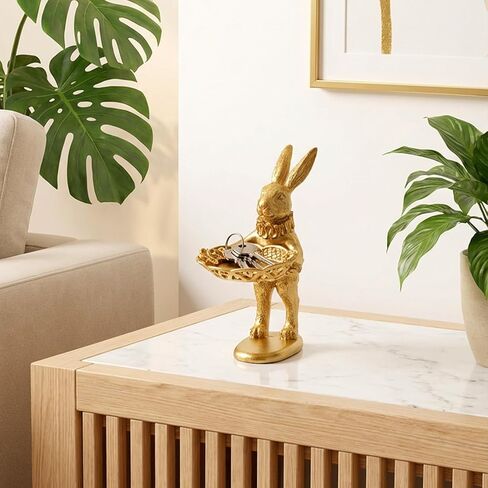 2 Pack Small Bunny Figurine, Cute Golden Bunny Ring Dish Jewelry Tray, Decorative Rabbit Trinket Holder Statue Ornament Easter Accessories for Home Decor, Seated Standing Bunnies in Saudi Arabia