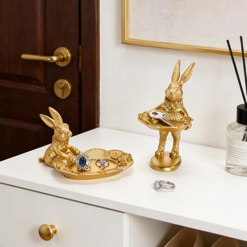 2 Pack Small Bunny Figurine, Cute Golden Bunny Ring Dish Jewelry Tray, Decorative Rabbit Trinket Holder Statue Ornament Easter Accessories for Home Decor, Seated Standing Bunnies in Saudi Arabia