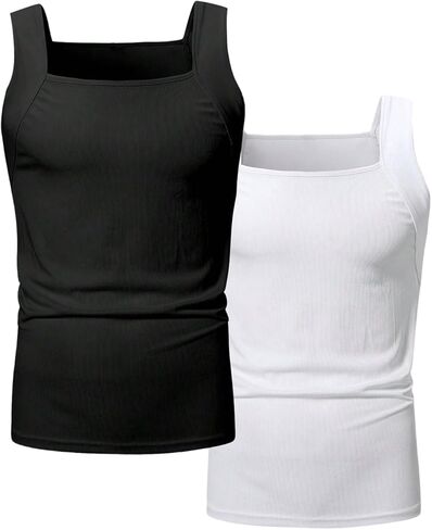 Men's 2 Pack Ribbed Tank Top Basic Square Neck Sleeveless Muscle Workout Shirts Undershirts in Saudi Arabia