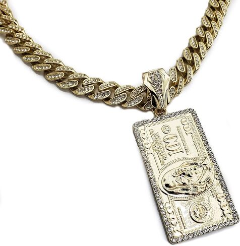Hip Hop Gold Plated $100 Dollar Bill Benjamin Pendant & 12mm 16" 18" 20" 24" Full Iced Box Lock Cuban Chain Bling Necklace in Saudi Arabia