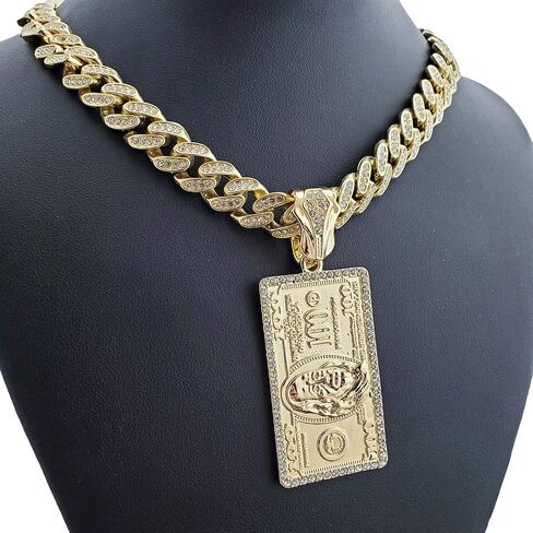Hip Hop Gold Plated $100 Dollar Bill Benjamin Pendant & 12mm 16" 18" 20" 24" Full Iced Box Lock Cuban Chain Bling Necklace in Saudi Arabia