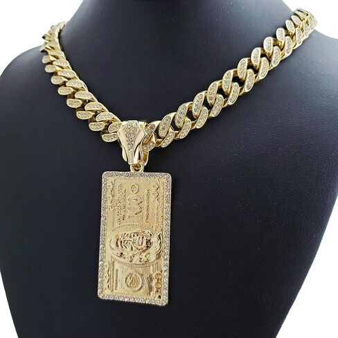 Hip Hop Gold Plated $100 Dollar Bill Benjamin Pendant & 12mm 16" 18" 20" 24" Full Iced Box Lock Cuban Chain Bling Necklace in Saudi Arabia