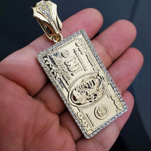 Hip Hop Gold Plated $100 Dollar Bill Benjamin Pendant & 12mm 16" 18" 20" 24" Full Iced Box Lock Cuban Chain Bling Necklace in Saudi Arabia