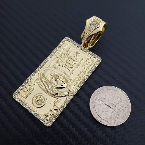 Hip Hop Gold Plated $100 Dollar Bill Benjamin Pendant & 12mm 16" 18" 20" 24" Full Iced Box Lock Cuban Chain Bling Necklace in Saudi Arabia