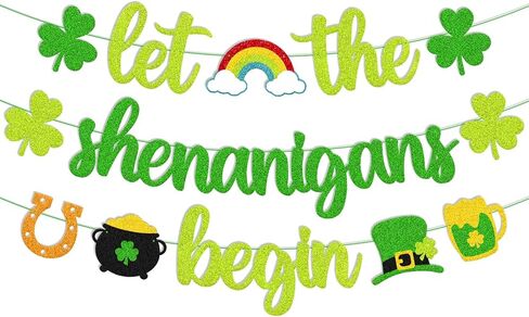 St. Patrick's Day Banner Let the Shenanigans Begin Banner Irish Day Party Decoration Green Clover Shamrock Garland Lucky Themed Birthday Bachelorette Party Celebration Supplies in Saudi Arabia