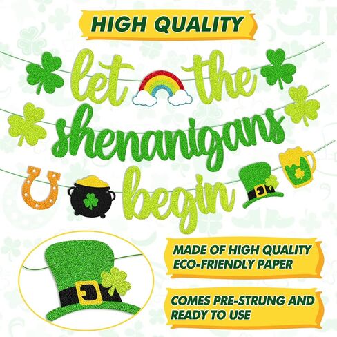 St. Patrick's Day Banner Let the Shenanigans Begin Banner Irish Day Party Decoration Green Clover Shamrock Garland Lucky Themed Birthday Bachelorette Party Celebration Supplies in Saudi Arabia