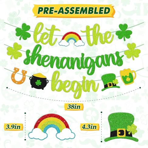 St. Patrick's Day Banner Let the Shenanigans Begin Banner Irish Day Party Decoration Green Clover Shamrock Garland Lucky Themed Birthday Bachelorette Party Celebration Supplies in Saudi Arabia