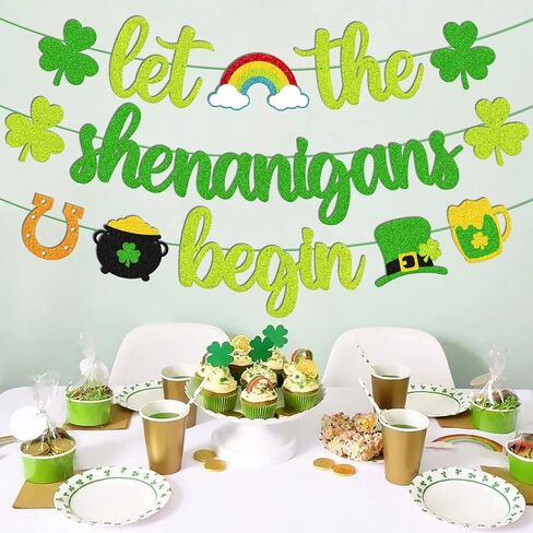 St. Patrick's Day Banner Let the Shenanigans Begin Banner Irish Day Party Decoration Green Clover Shamrock Garland Lucky Themed Birthday Bachelorette Party Celebration Supplies in Saudi Arabia