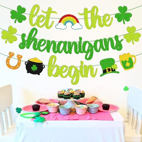 St. Patrick's Day Banner Let the Shenanigans Begin Banner Irish Day Party Decoration Green Clover Shamrock Garland Lucky Themed Birthday Bachelorette Party Celebration Supplies in Saudi Arabia