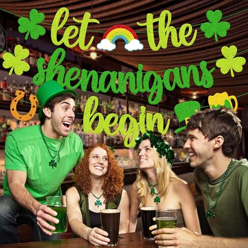 St. Patrick's Day Banner Let the Shenanigans Begin Banner Irish Day Party Decoration Green Clover Shamrock Garland Lucky Themed Birthday Bachelorette Party Celebration Supplies in Saudi Arabia