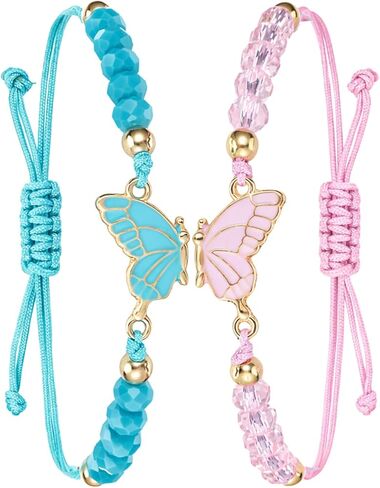 2PCS Butterfly Friendship Bracelets, Adjustable Matching Bracelets Cord for Valentine, Bff Bracelet for Friends, Couple, Butterfly Handmade Charm for Valentine's Gifts(Pink, Blue) in Kuwait