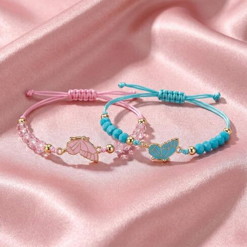 2PCS Butterfly Friendship Bracelets, Adjustable Matching Bracelets Cord for Valentine, Bff Bracelet for Friends, Couple, Butterfly Handmade Charm for Valentine's Gifts(Pink, Blue) in Kuwait