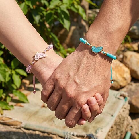 2PCS Butterfly Friendship Bracelets, Adjustable Matching Bracelets Cord for Valentine, Bff Bracelet for Friends, Couple, Butterfly Handmade Charm for Valentine's Gifts(Pink, Blue) in Kuwait