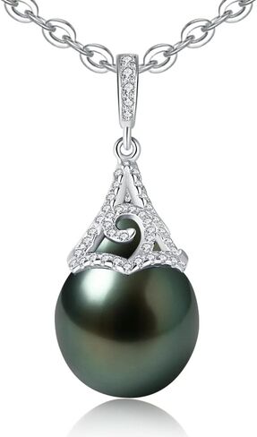 قلادة من اللؤلؤ الأسود التاهيتي الطبيعي - 9-12 مم AAAA لؤلؤ مياه البحر مع قلادة مويسانيتي من الفضة الاسترليني، هدية عيد الميلاد للزوجة والأم والابنة، هدايا مجوهرات لذكرى الزفاف وعيد الميلاد in Kuwait