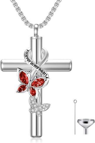 Birthstone Butterfly Cross Urn Necklaces for Ashes White Gold Plated Sterling Silver Cremation Keepsake Necklace w/Funnel Filler Memorial Pendant for Ashes for Human Women Pet in Saudi Arabia