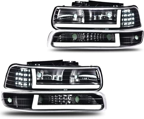 LED DRL Headlight Assembly Compatible with Chevy Silverado 1999-2002, Bumper Headlamps Smoky lens Black Housing Clear Reflector Front Lamps 15199559 15199558 16526133 GM2521173 in Saudi Arabia