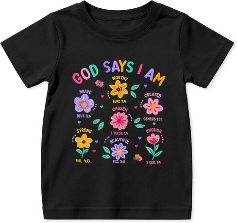 Kids Christian Shirts with Cute Floral Bow, Bible Verse God Graphic Tees for Girls Jesus Shirts Religious Top in Saudi Arabia