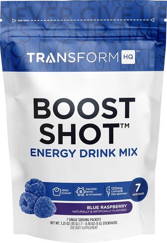 TransformHQ Boost Shot Powder Drink Stick Packets, Peach Mango, 7 Pack, Energy Supplements for Women & Men, with Caffeine, Vitamin B12, B9, B6 & B3 in Saudi Arabia