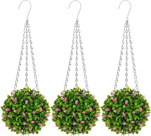 Oairse 3 Pcs Artificial Hanging Topiary Flower Ball - 19.7" Fake Hanging Topiary Ball with Pink Flowers & Chains Faux Greenery Plant Balls for Indoor Outdoor Front Living Room Wall Garden Home Decor in Saudi Arabia