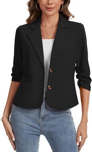 Womens Slim Fit Blazers Casual Jackets 3/4 Ruched Sleeve Notch Lapel Cropped Blazer Business Office Suit Jacket in Saudi Arabia