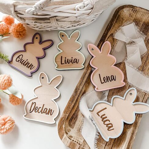 علامة سلة أرنب عيد الفصح ثلاثية الأبعاد مصنوعة يدويًا - علامة اسم منقوشة من الخشب والأكريليك مخصصة مع شريط شيفون - هدية أو تذكار in Kuwait