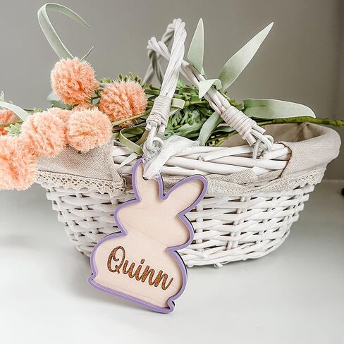 علامة سلة أرنب عيد الفصح ثلاثية الأبعاد مصنوعة يدويًا - علامة اسم منقوشة من الخشب والأكريليك مخصصة مع شريط شيفون - هدية أو تذكار in Kuwait
