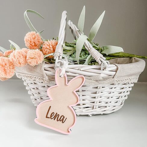 علامة سلة أرنب عيد الفصح ثلاثية الأبعاد مصنوعة يدويًا - علامة اسم منقوشة من الخشب والأكريليك مخصصة مع شريط شيفون - هدية أو تذكار in Kuwait
