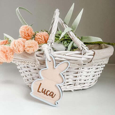 علامة سلة أرنب عيد الفصح ثلاثية الأبعاد مصنوعة يدويًا - علامة اسم منقوشة من الخشب والأكريليك مخصصة مع شريط شيفون - هدية أو تذكار in Kuwait