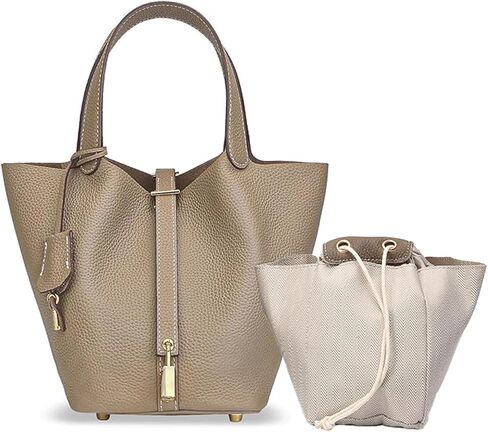 Genuine Leather Lock Design Bucket Bag for Women, Vegetable Basket Fashionable Versatile Handbag (Grey) in Saudi Arabia