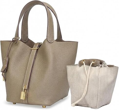 Genuine Leather Lock Design Bucket Bag for Women, Vegetable Basket Fashionable Versatile Handbag (Grey) in Saudi Arabia