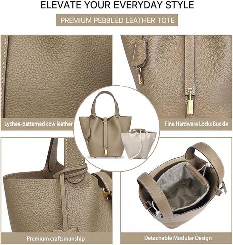Genuine Leather Lock Design Bucket Bag for Women, Vegetable Basket Fashionable Versatile Handbag (Grey) in Saudi Arabia