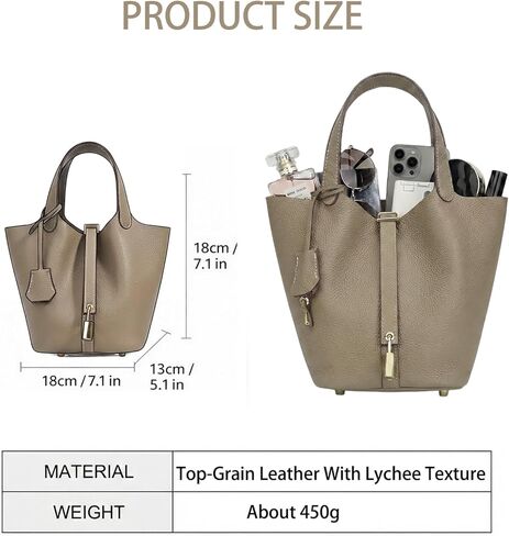 Genuine Leather Lock Design Bucket Bag for Women, Vegetable Basket Fashionable Versatile Handbag (Grey) in Saudi Arabia