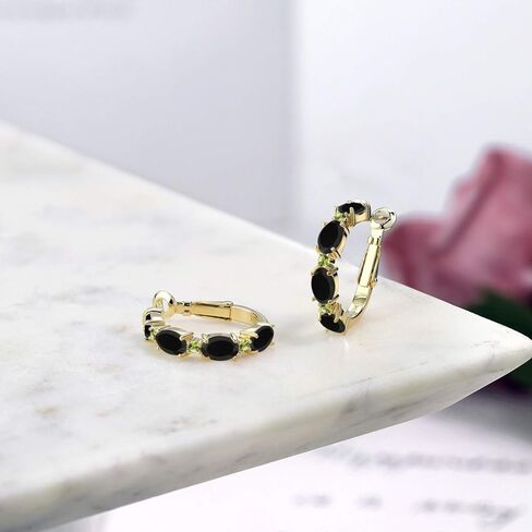 Gem Stone King 3.50 Cttw Oval Black Onyx and Green Peridot 18K Yellow Gold Plated Silver Hoop Earrings for Women | Fine Jewelry Gifts for Her Mom Women Wife in Saudi Arabia