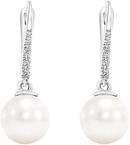 14K White Gold & Yellow Gold Diamond-Accented 8mm-8.5mm AAA White Freshwater Cultured Pearl Lever-Back Bridal Dangle Drop Earrings (.085ctw, G-H Color, SI2-I1 Clarity) in Saudi Arabia