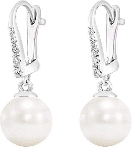 14K White Gold & Yellow Gold Diamond-Accented 8mm-8.5mm AAA White Freshwater Cultured Pearl Lever-Back Bridal Dangle Drop Earrings (.085ctw, G-H Color, SI2-I1 Clarity) in Saudi Arabia