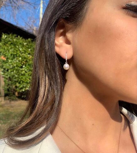 14K White Gold & Yellow Gold Diamond-Accented 8mm-8.5mm AAA White Freshwater Cultured Pearl Lever-Back Bridal Dangle Drop Earrings (.085ctw, G-H Color, SI2-I1 Clarity) in Saudi Arabia