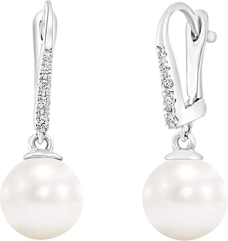 14K White Gold & Yellow Gold Diamond-Accented 8mm-8.5mm AAA White Freshwater Cultured Pearl Lever-Back Bridal Dangle Drop Earrings (.085ctw, G-H Color, SI2-I1 Clarity) in Saudi Arabia