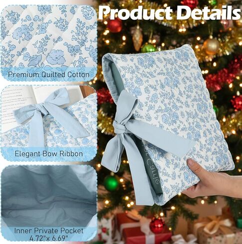 Quilted Bible Sleeve Book Cover with Bow, Padded Book Sleeve Case Protector Washable Blue Floral Pattern Bible Bag Pouch Christian Gift for Women in Saudi Arabia