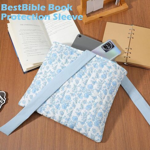 Quilted Bible Sleeve Book Cover with Bow, Padded Book Sleeve Case Protector Washable Blue Floral Pattern Bible Bag Pouch Christian Gift for Women in Saudi Arabia